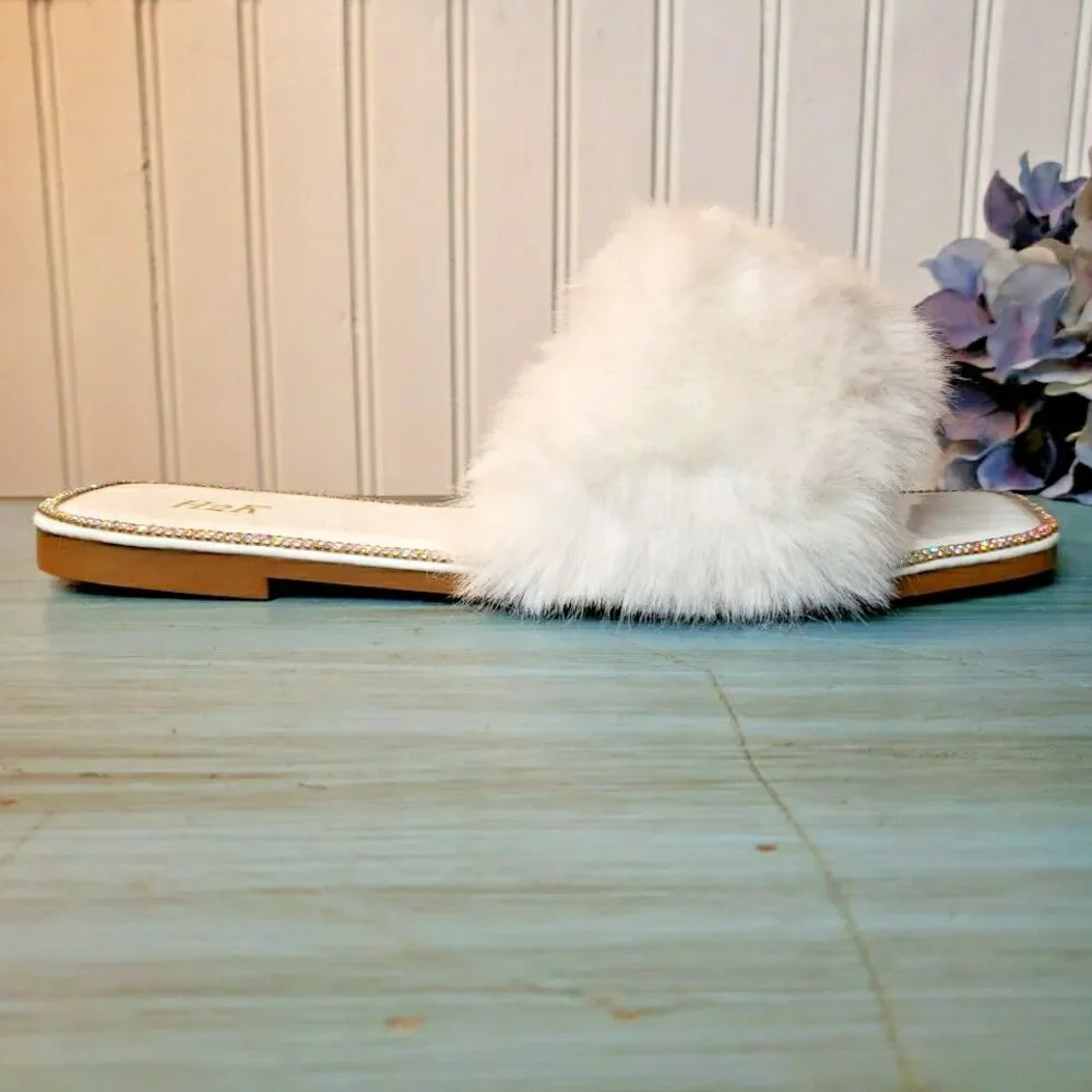 Faux Fur Rhinestone Slides Sandals Slippers Wedding Fuzzy Bling Cute Women Sz 10 - Picture 10 of 16
